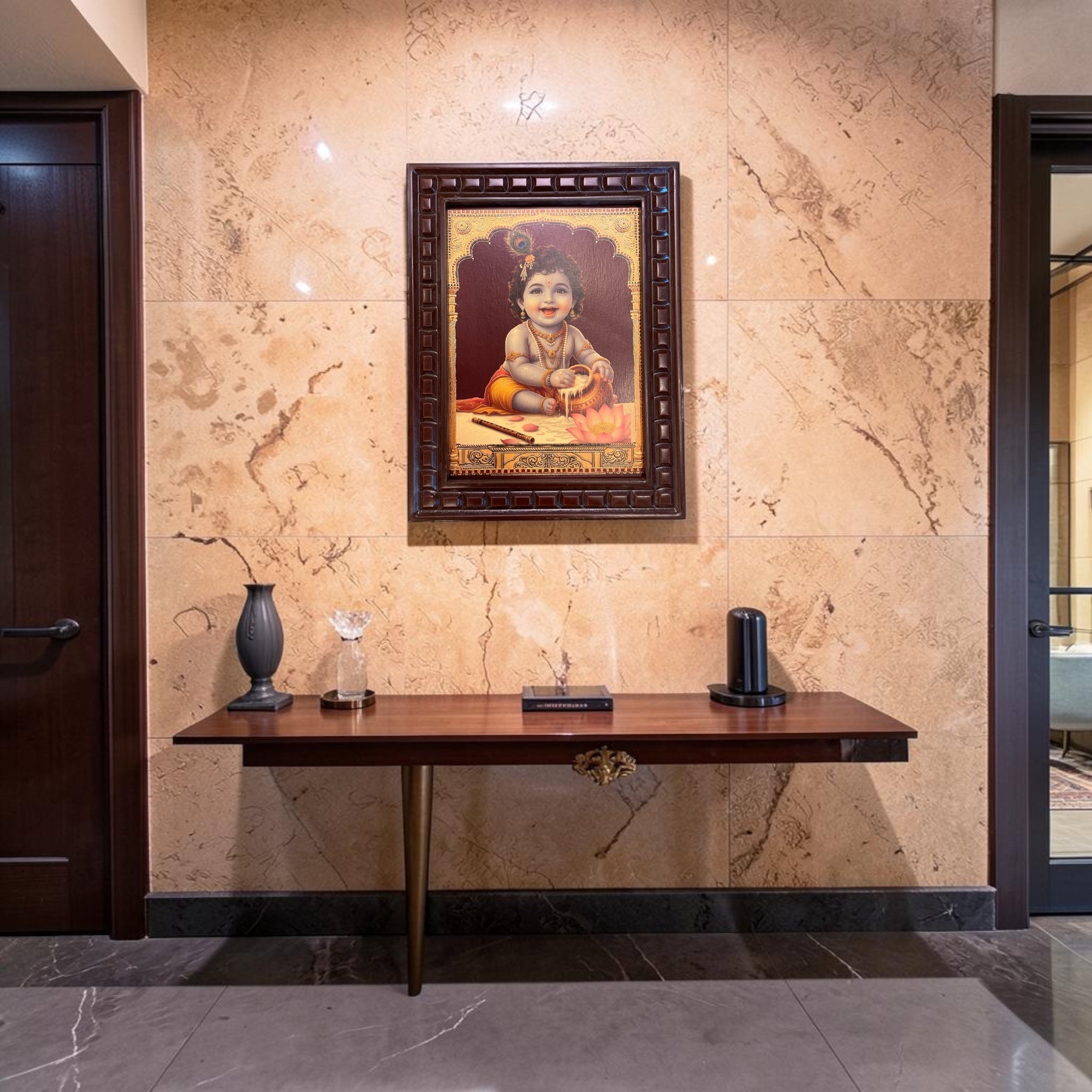 Divine Baby Krishna Wall Frame 3  – Cute Bal Krishna Butter Leela Artwork | Premium Wooden Frame Decor