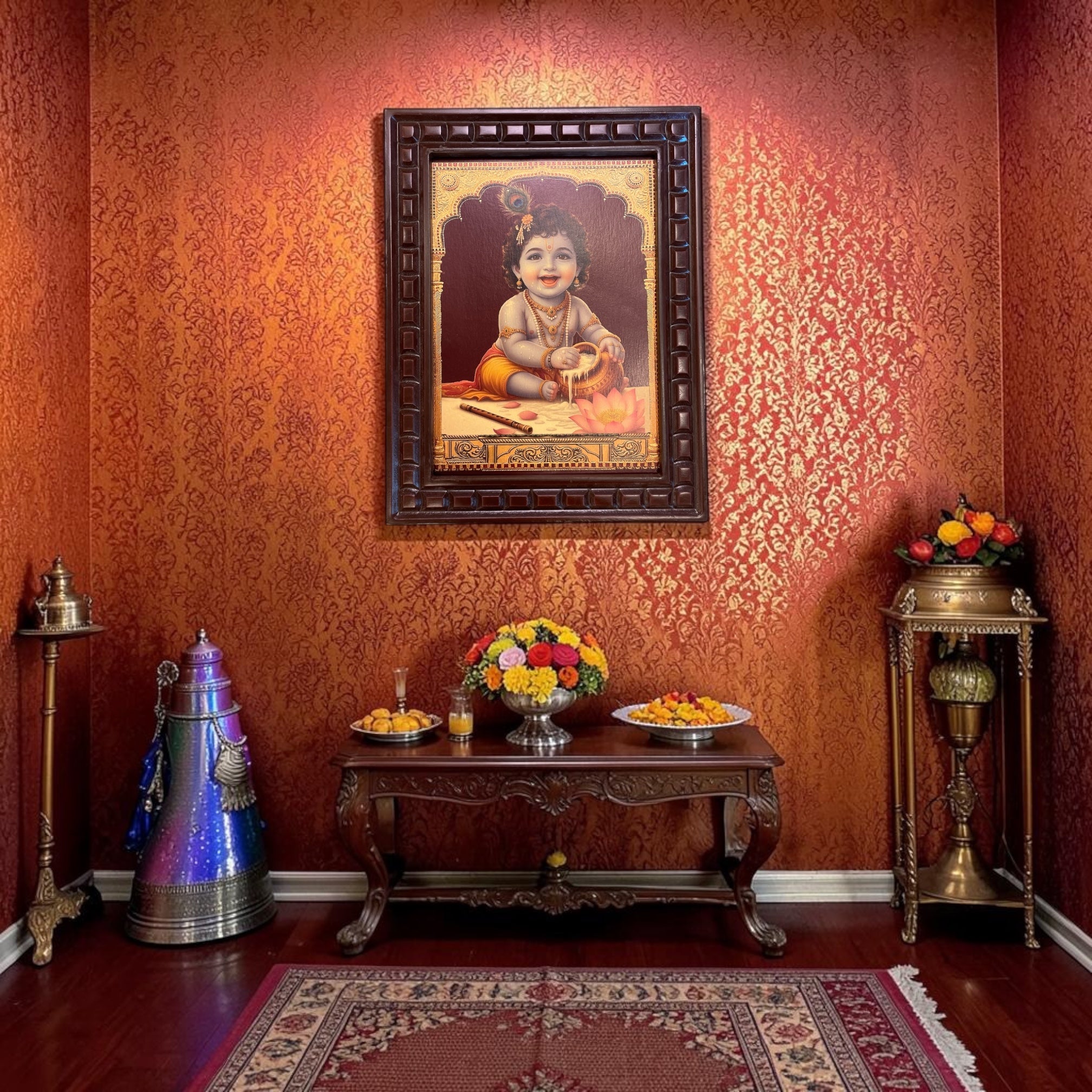 Divine Baby Krishna Wall Frame 3  – Cute Bal Krishna Butter Leela Artwork | Premium Wooden Frame Decor