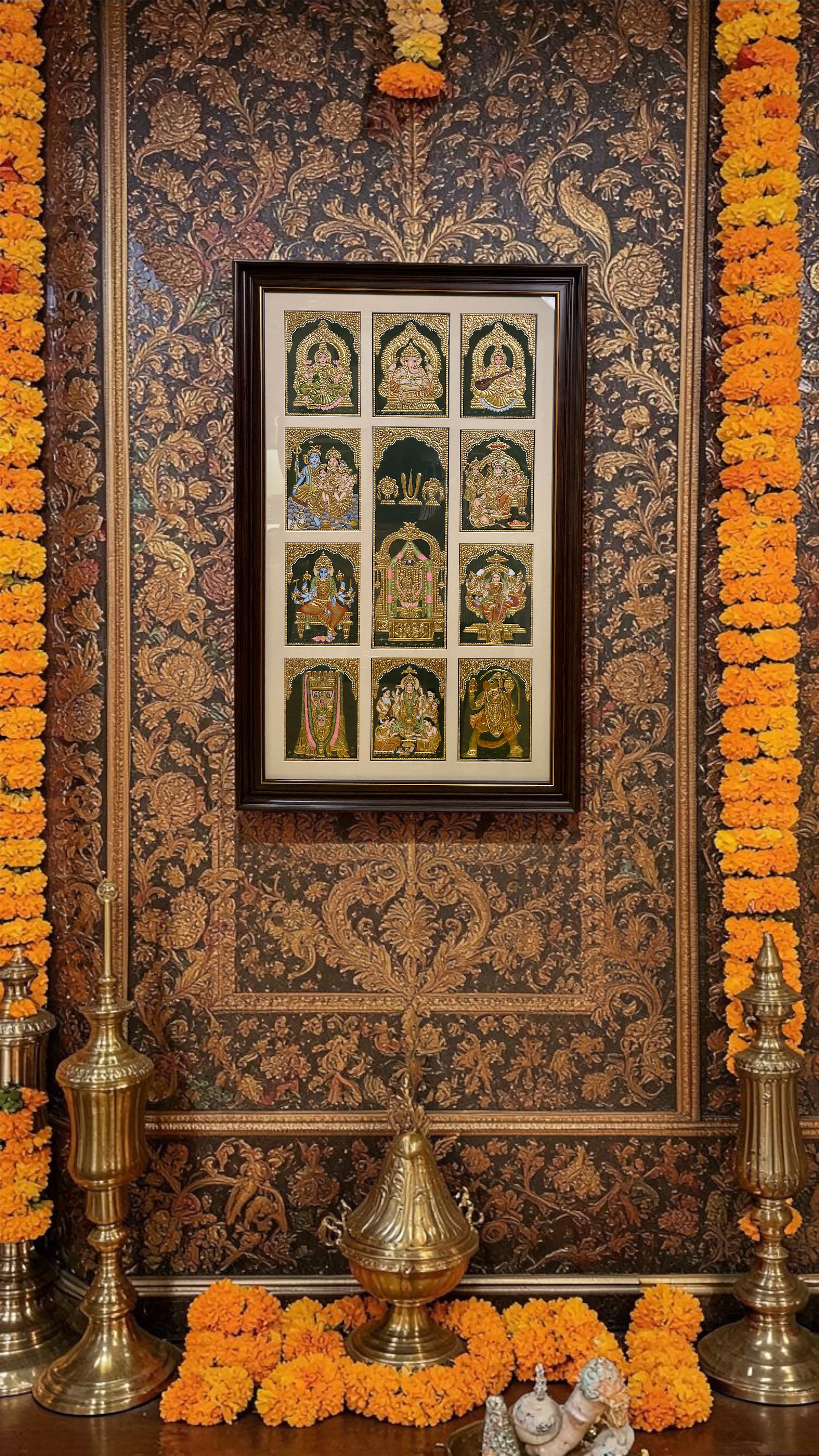 11 Gods in One Frame Tanjore Painting | Premium Wooden Frame Divine Wall Art.