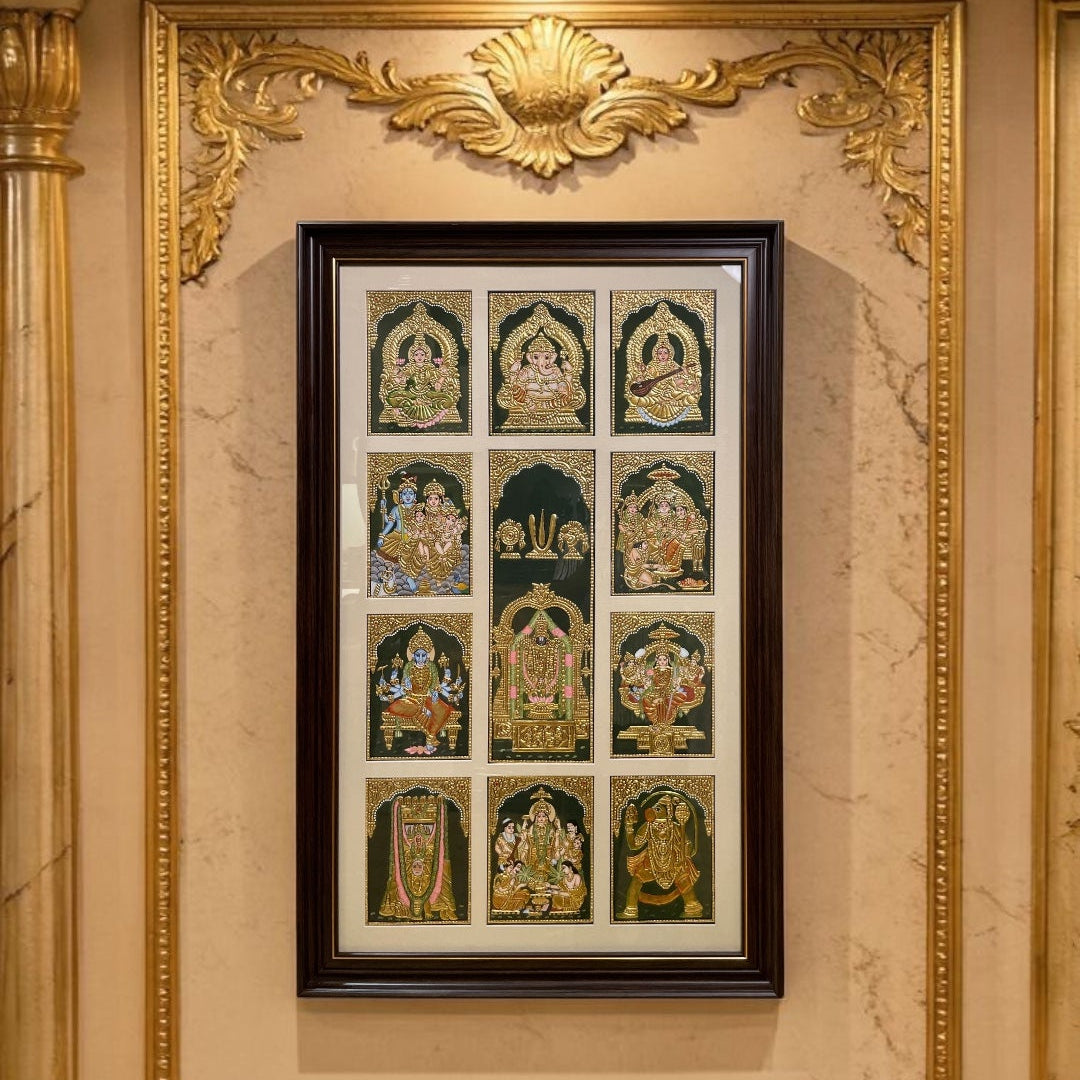 11 Gods in One Frame Tanjore Painting | Premium Wooden Frame Divine Wall Art.