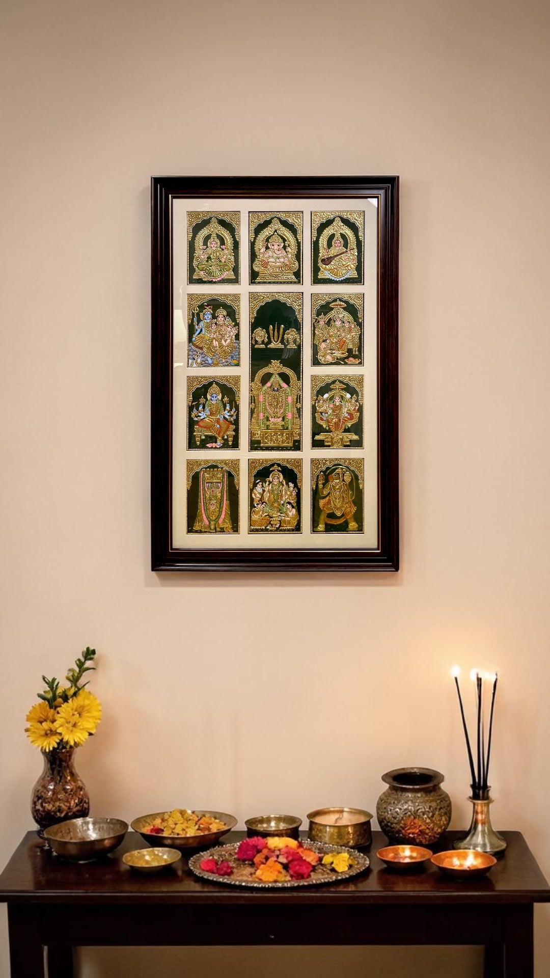 11 Gods in One Frame Tanjore Painting | Premium Wooden Frame Divine Wall Art.