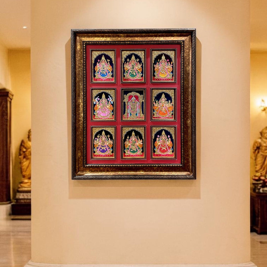 Tanjore Ashtalakshmi with Tirupati Balaji Frame | Premium Gold Foil Wall Art | Luxury Devotional Decor.