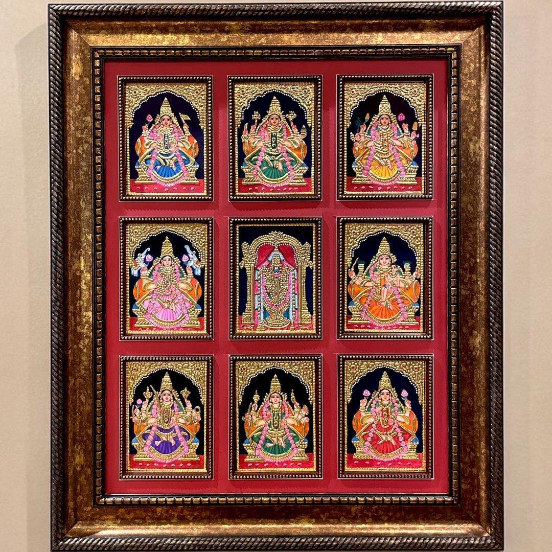 Tanjore Ashtalakshmi with Tirupati Balaji Frame | Premium Gold Foil Wall Art | Luxury Devotional Decor.