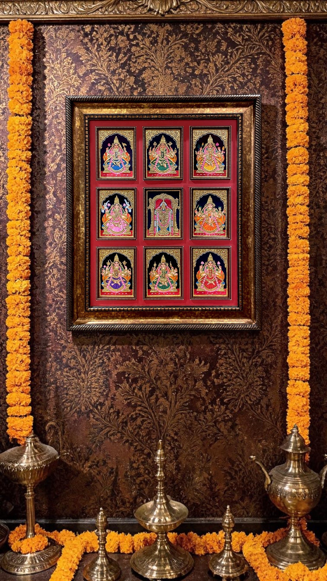 Tanjore Ashtalakshmi with Tirupati Balaji Frame | Premium Gold Foil Wall Art | Luxury Devotional Decor.
