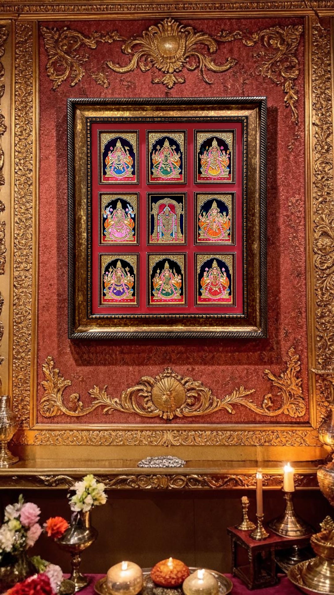 Tanjore Ashtalakshmi with Tirupati Balaji Frame | Premium Gold Foil Wall Art | Luxury Devotional Decor.