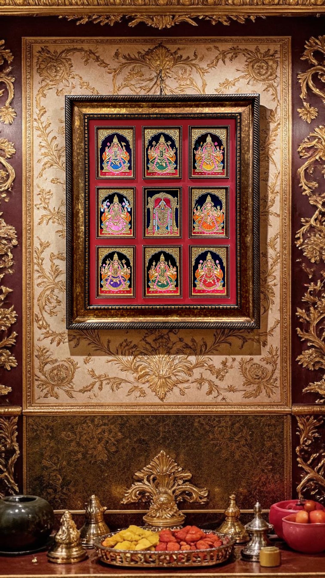 Tanjore Ashtalakshmi with Tirupati Balaji Frame | Premium Gold Foil Wall Art | Luxury Devotional Decor.