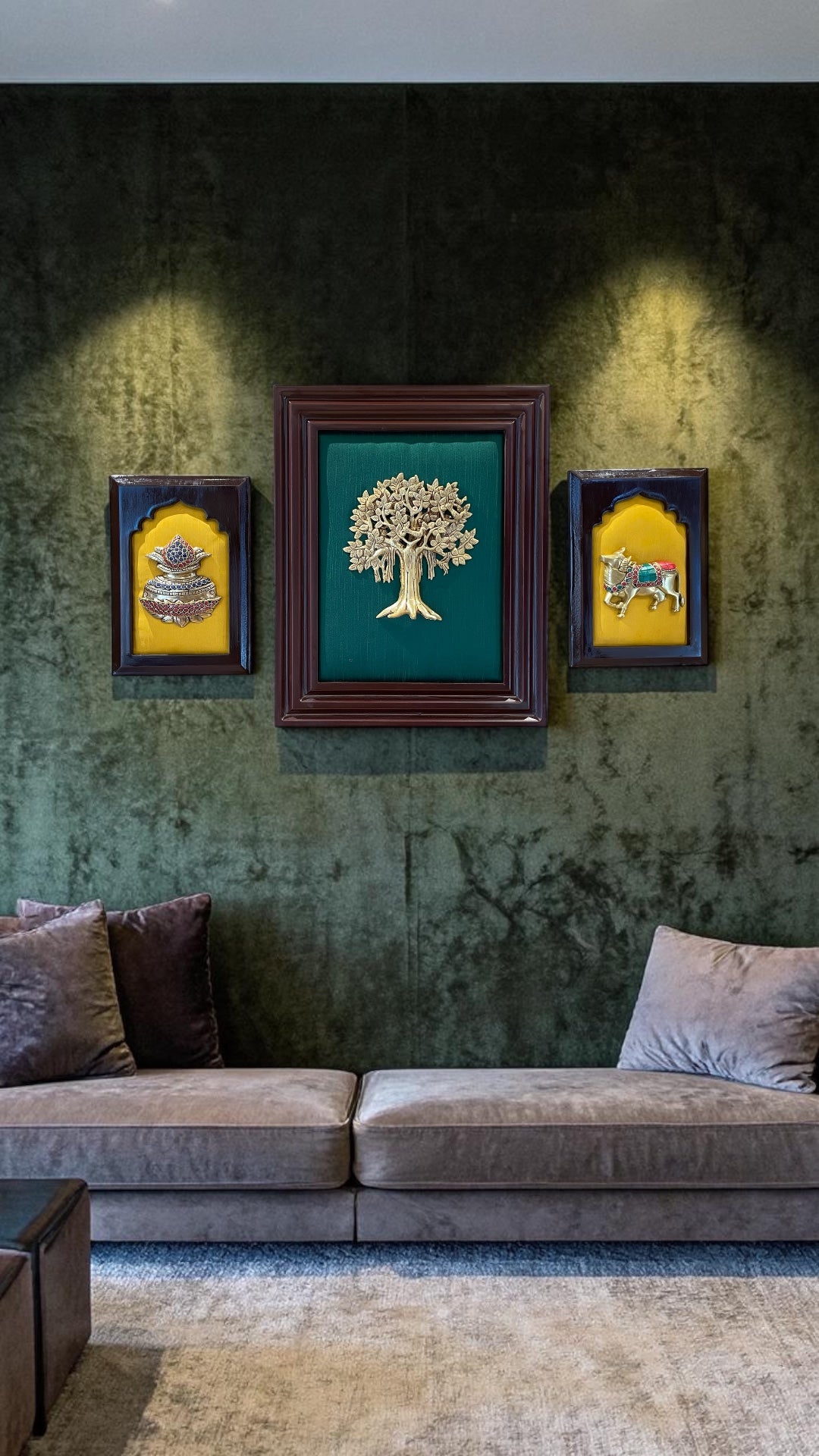 Brass Kalpavriksha Wall Art with Kamadhenu & Kalash – Luxury Silk Frame Decor