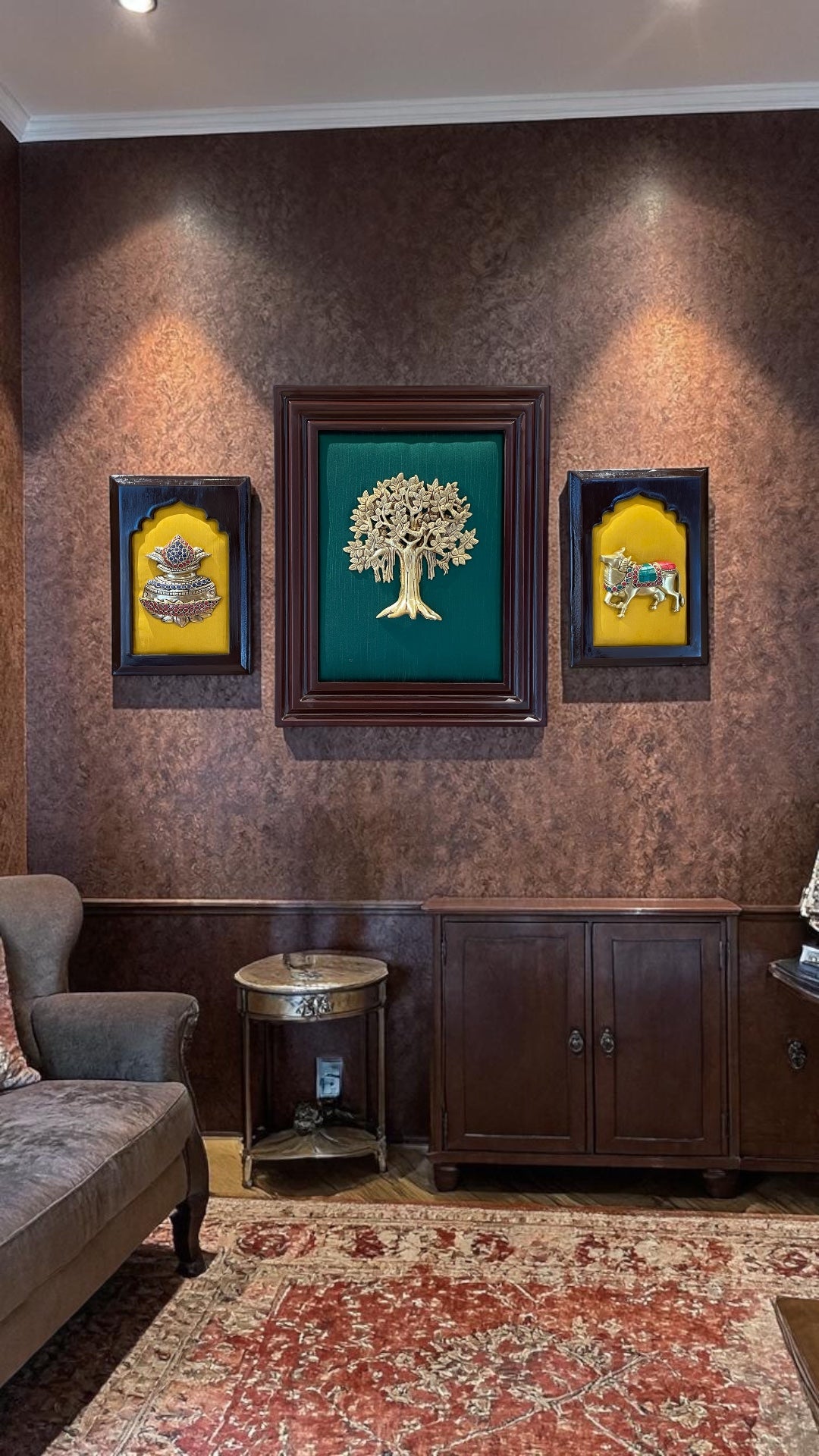 Brass Kalpavriksha Wall Art with Kamadhenu & Kalash – Luxury Silk Frame Decor