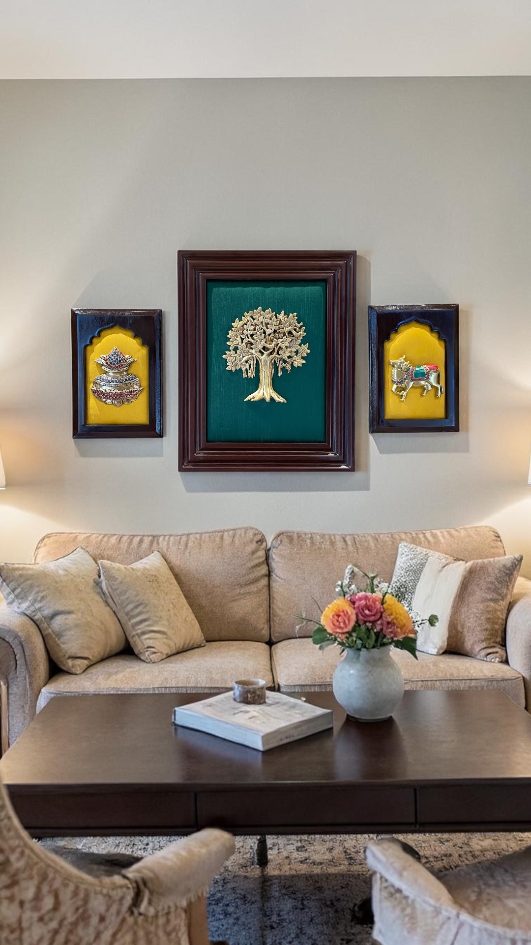Brass Kalpavriksha Wall Art with Kamadhenu & Kalash – Luxury Silk Frame Decor