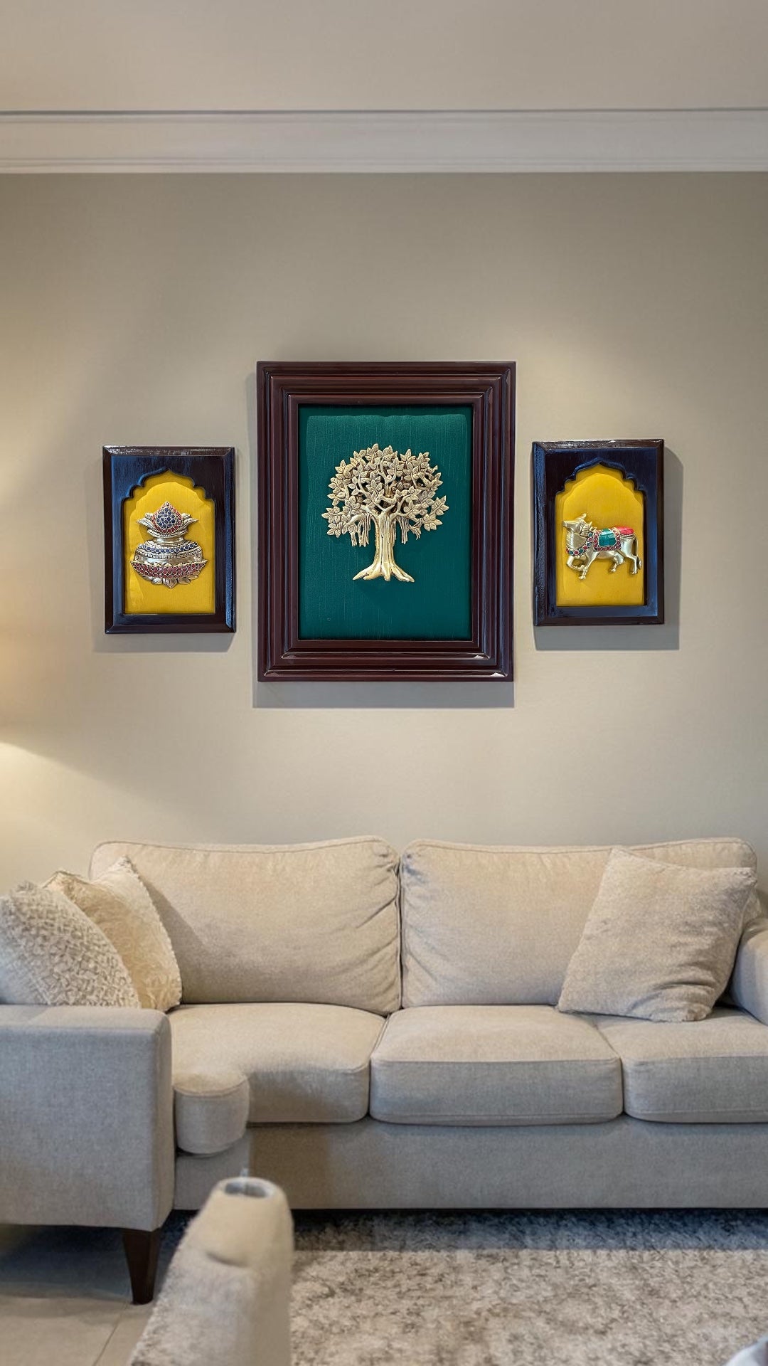 Brass Kalpavriksha Wall Art with Kamadhenu & Kalash – Luxury Silk Frame Decor