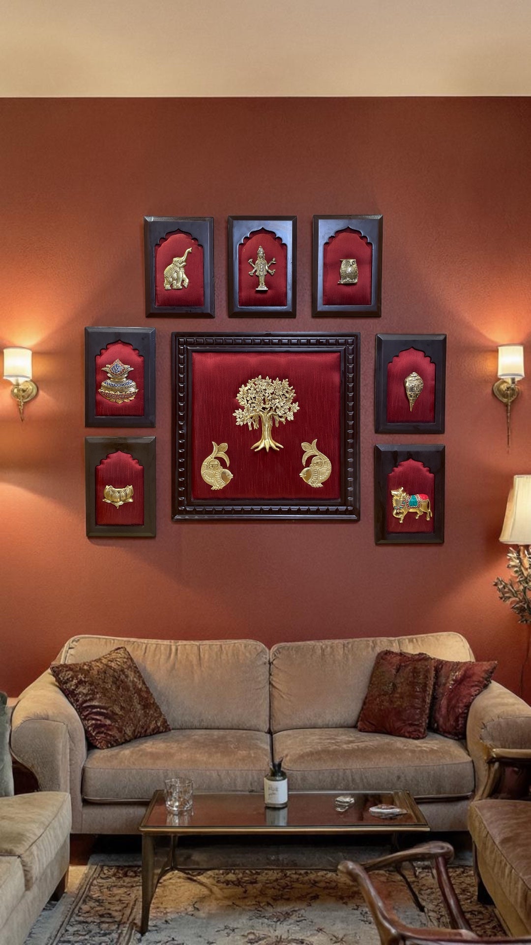Brass 8 Panel Wall Art on Red Silk | Traditional Indian Decor with Wooden Frame.