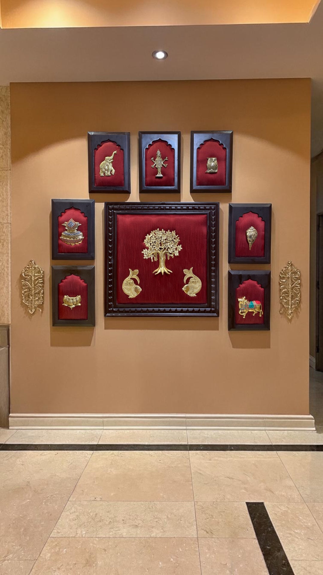 Brass 8 Panel Wall Art on Red Silk | Traditional Indian Decor with Wooden Frame.
