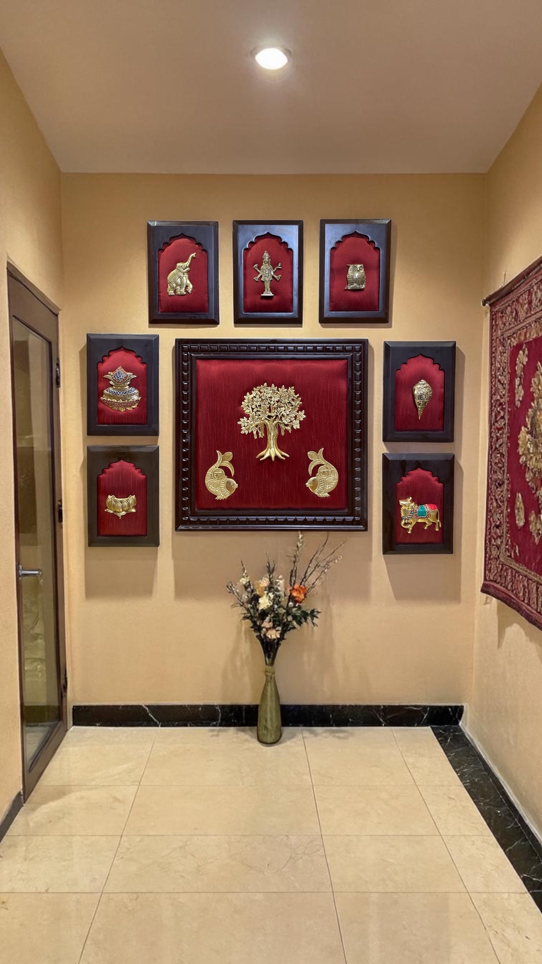 Brass 8 Panel Wall Art on Red Silk | Traditional Indian Decor with Wooden Frame.