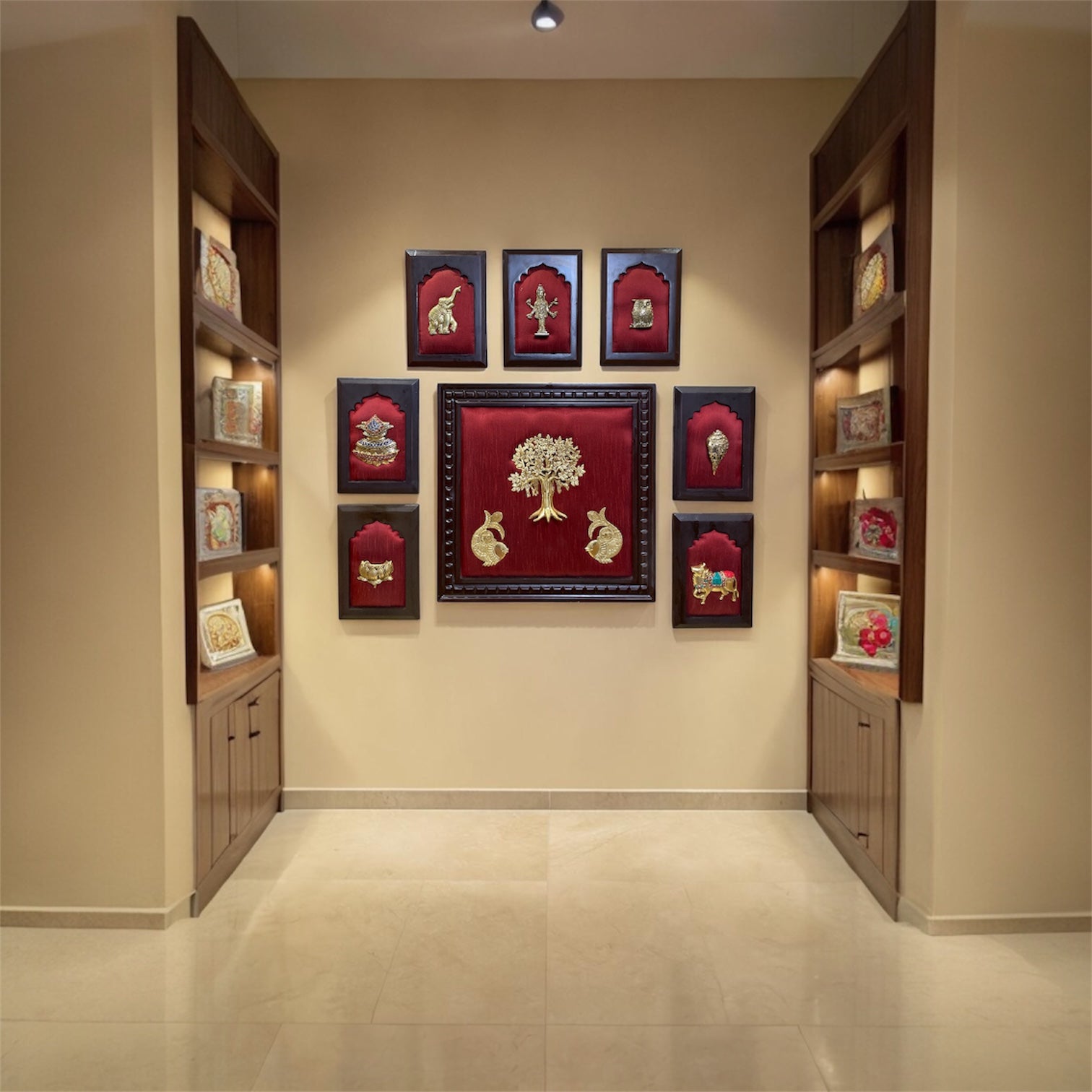 Brass 8 Panel Wall Art on Red Silk | Traditional Indian Decor with Wooden Frame.