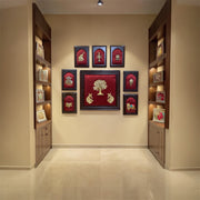 Brass 8 Panel Wall Art on Red Silk | Traditional Indian Decor with Wooden Frame.