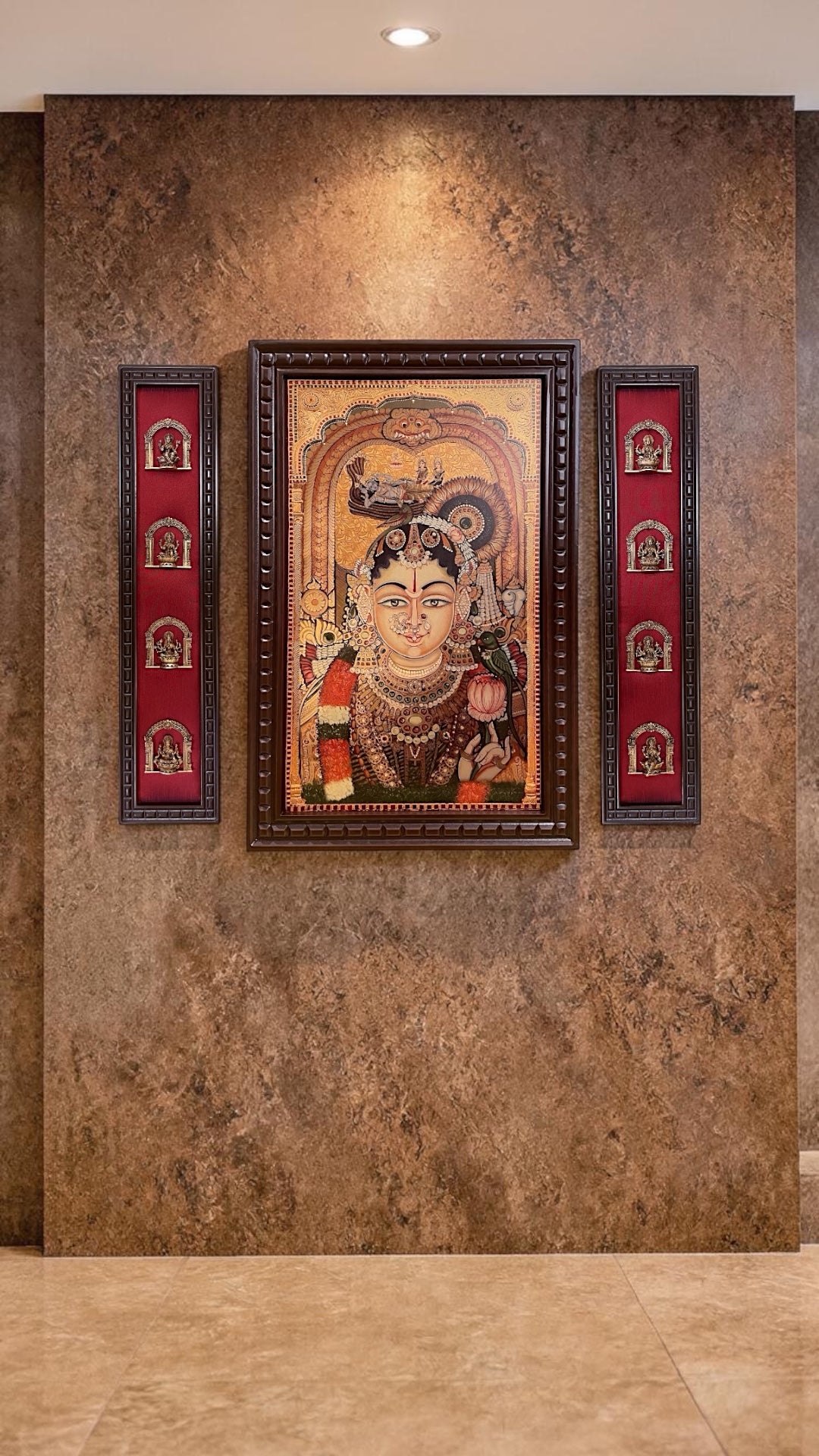 Andal Gold Leaf Wall Art with Brass Ashtalakshmi on Red Silk | Premium Wooden Frame Temple Decor.