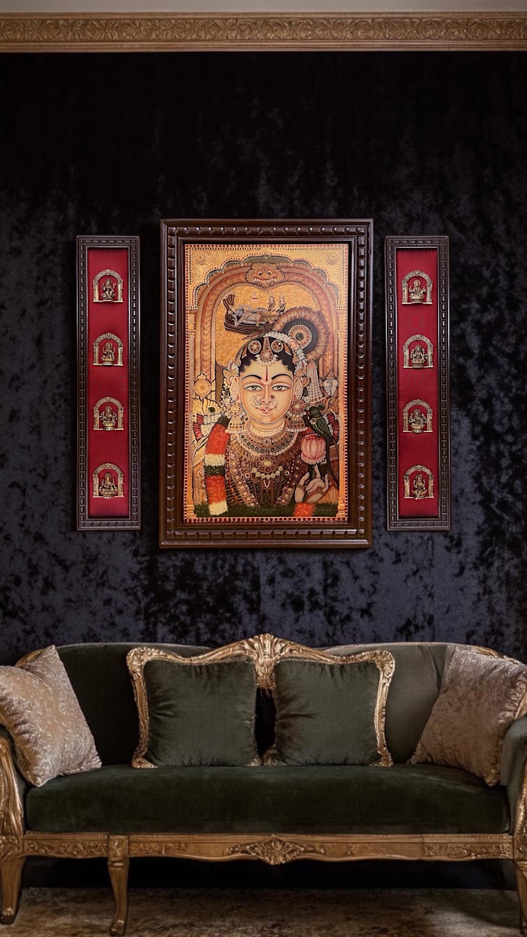 Andal Gold Leaf Wall Art with Brass Ashtalakshmi on Red Silk | Premium Wooden Frame Temple Decor.