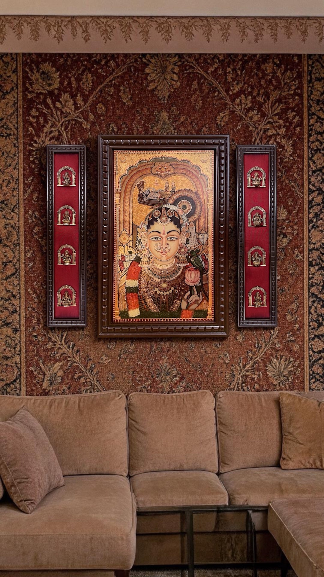 Andal Gold Leaf Wall Art with Brass Ashtalakshmi on Red Silk | Premium Wooden Frame Temple Decor.