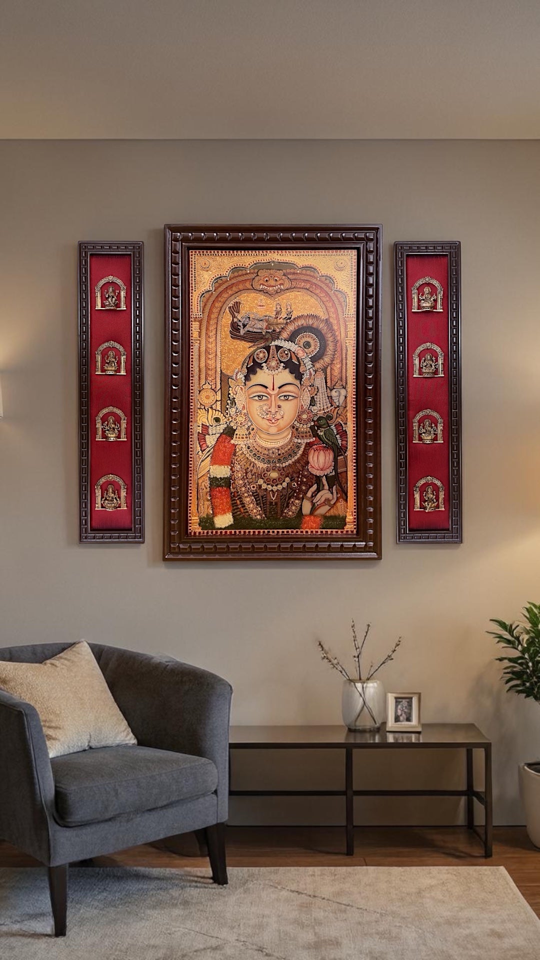 Andal Gold Leaf Wall Art with Brass Ashtalakshmi on Red Silk | Premium Wooden Frame Temple Decor.