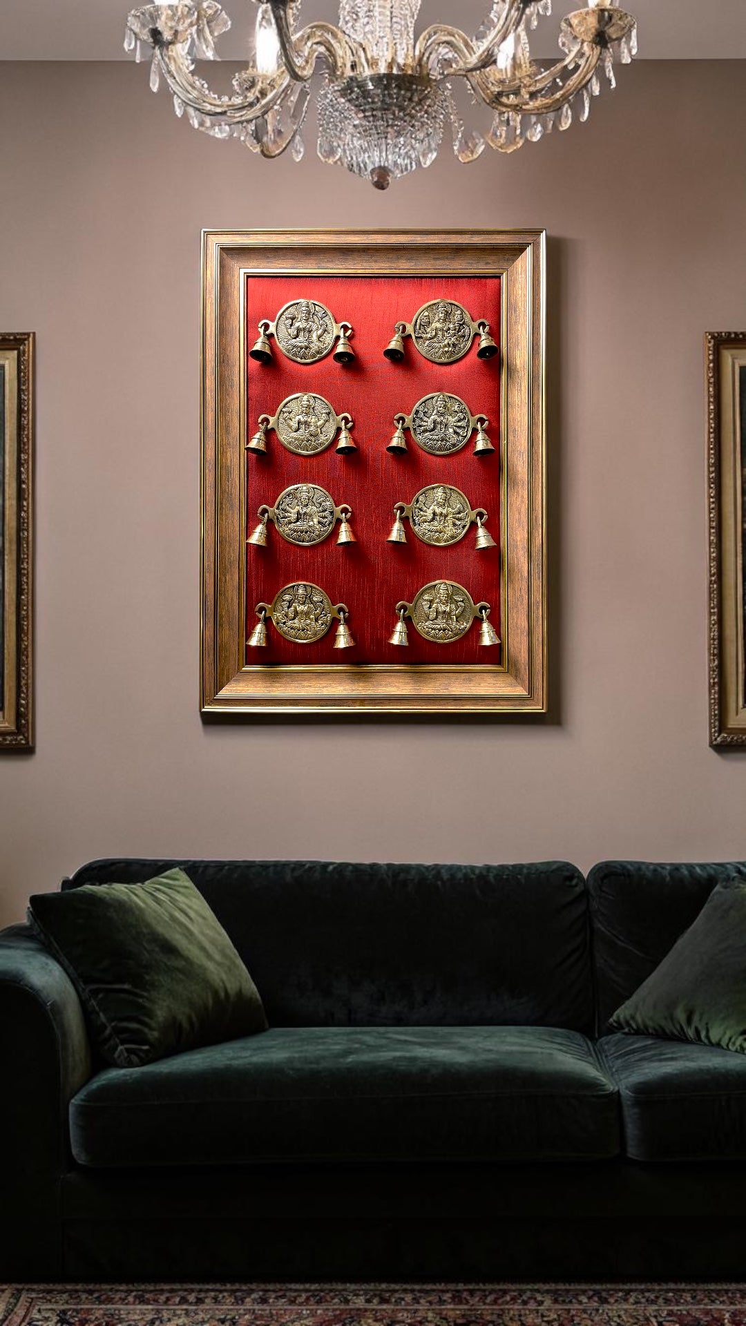 Brass Ashtalakshmi with wine Red Cushion in moulded frame.