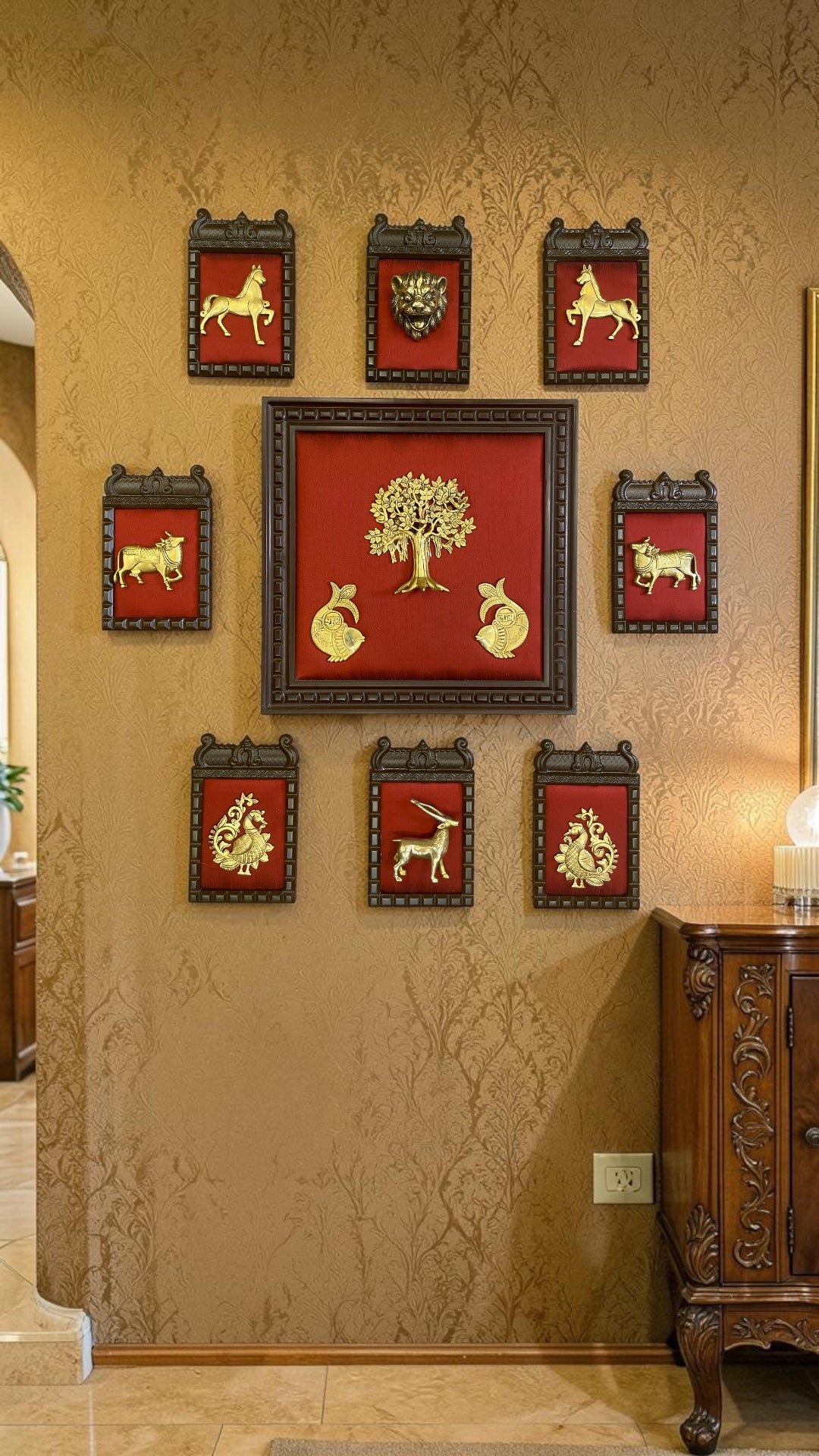 Brass Wall Art 9 Piece Set on Red Silk Backdrop | Traditional  Temple Arch Wooden Frame | Luxury Vastu Home Decor.