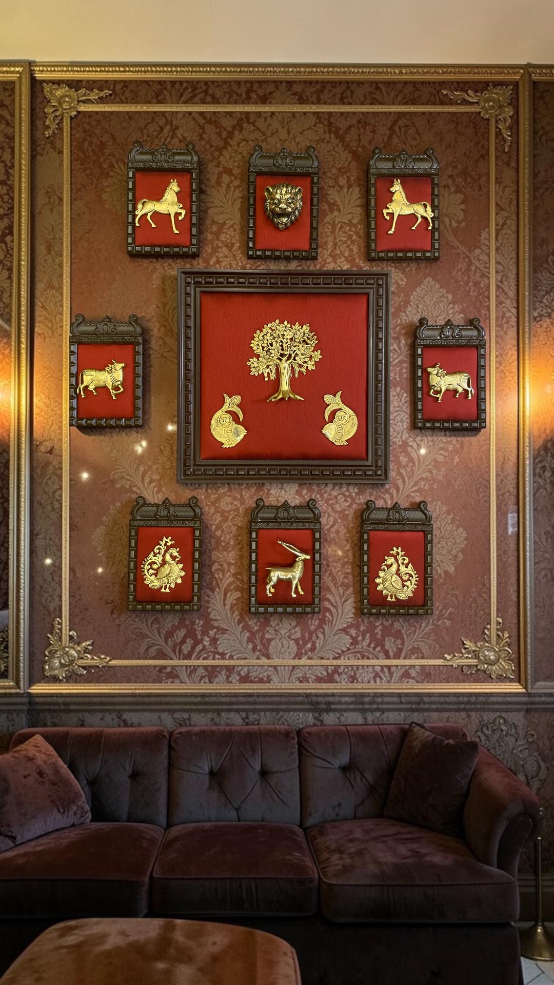 Brass Wall Art 9 Piece Set on Red Silk Backdrop | Traditional  Temple Arch Wooden Frame | Luxury Vastu Home Decor.