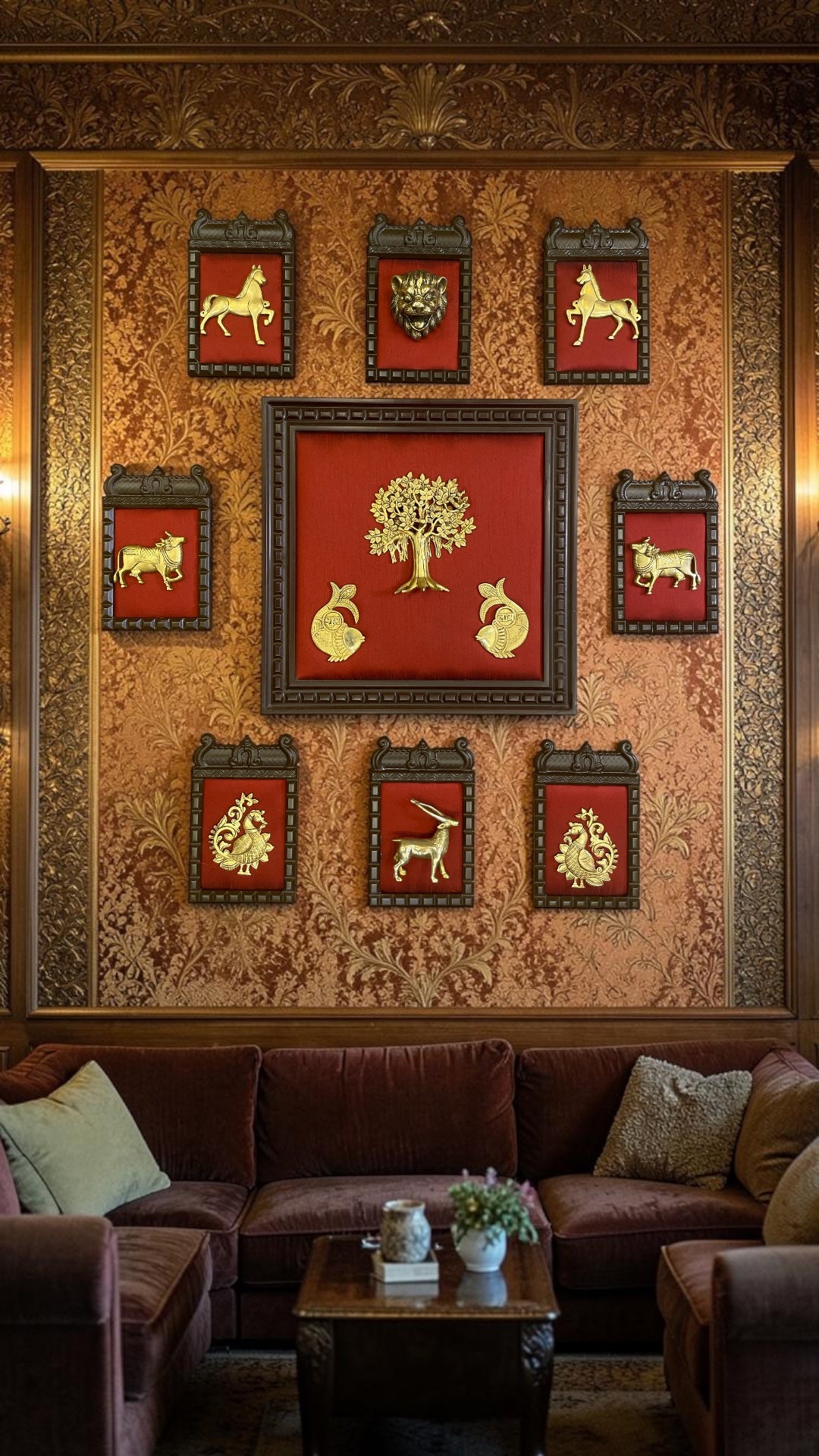 Brass Wall Art 9 Piece Set on Red Silk Backdrop | Traditional  Temple Arch Wooden Frame | Luxury Vastu Home Decor.