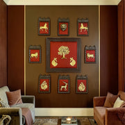 Brass Wall Art 9 Piece Set on Red Silk Backdrop | Traditional  Temple Arch Wooden Frame | Luxury Vastu Home Decor.