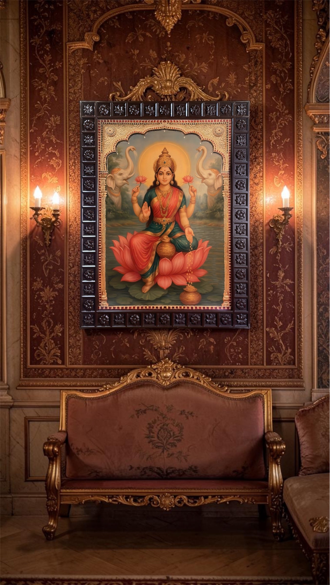 Mahalakshmi Gold Leaf Art 33x44 Inches | Luxury Tanjore Style Wall Decor | Divine Lakshmi Frame for Home & Pooja Room