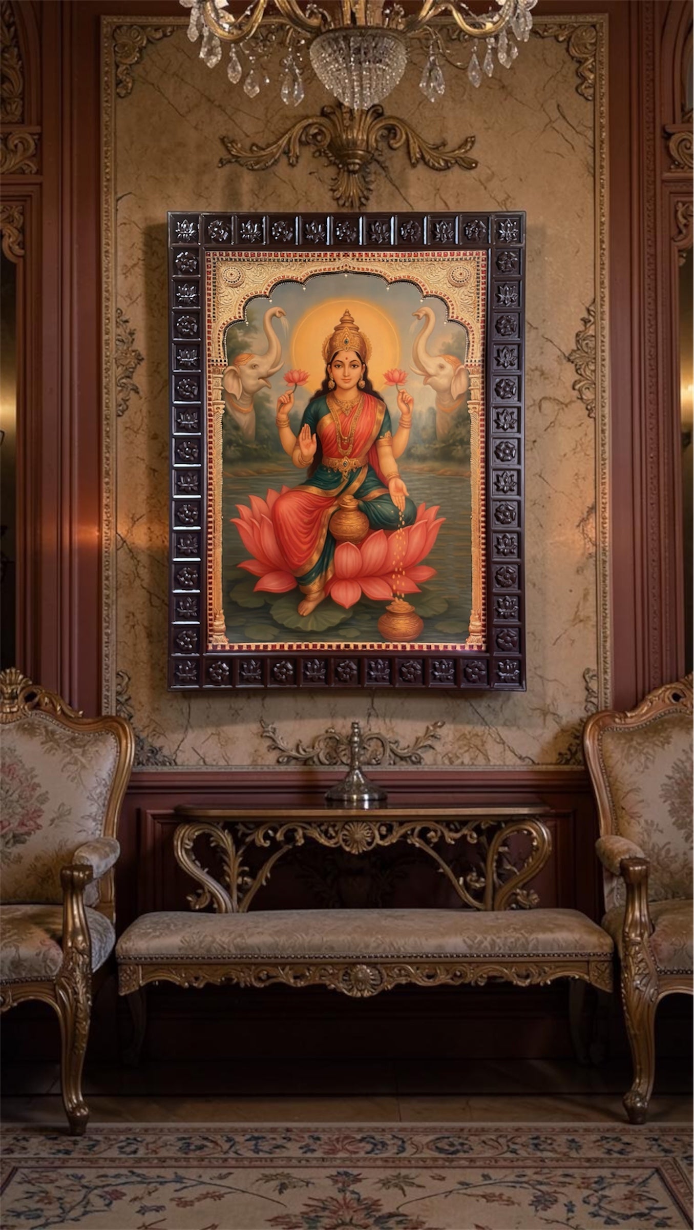 Mahalakshmi Gold Leaf Art 33x44 Inches | Luxury Tanjore Style Wall Decor | Divine Lakshmi Frame for Home & Pooja Room