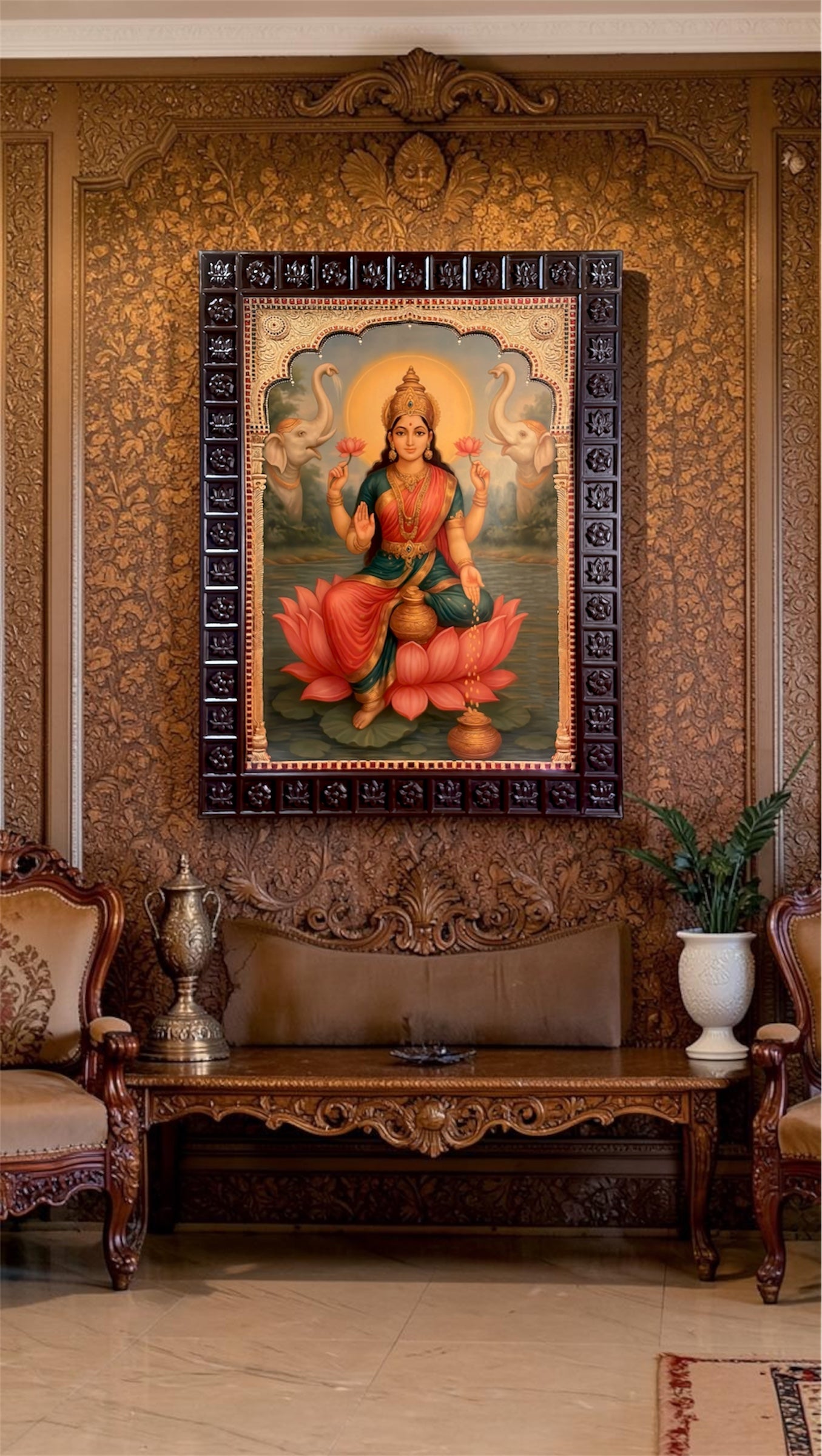 Mahalakshmi Gold Leaf Art 33x44 Inches | Luxury Tanjore Style Wall Decor | Divine Lakshmi Frame for Home & Pooja Room