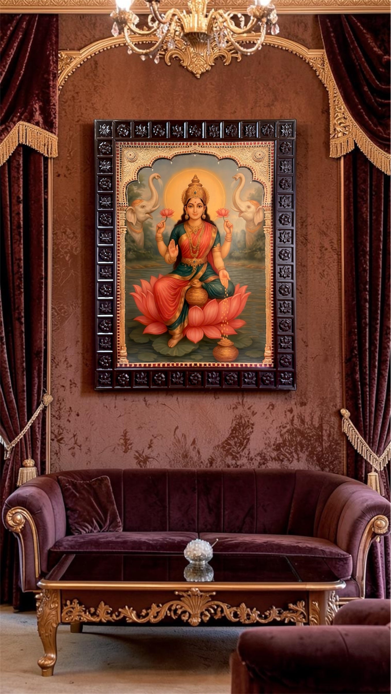 Mahalakshmi Gold Leaf Art 33x44 Inches | Luxury Tanjore Style Wall Decor | Divine Lakshmi Frame for Home & Pooja Room
