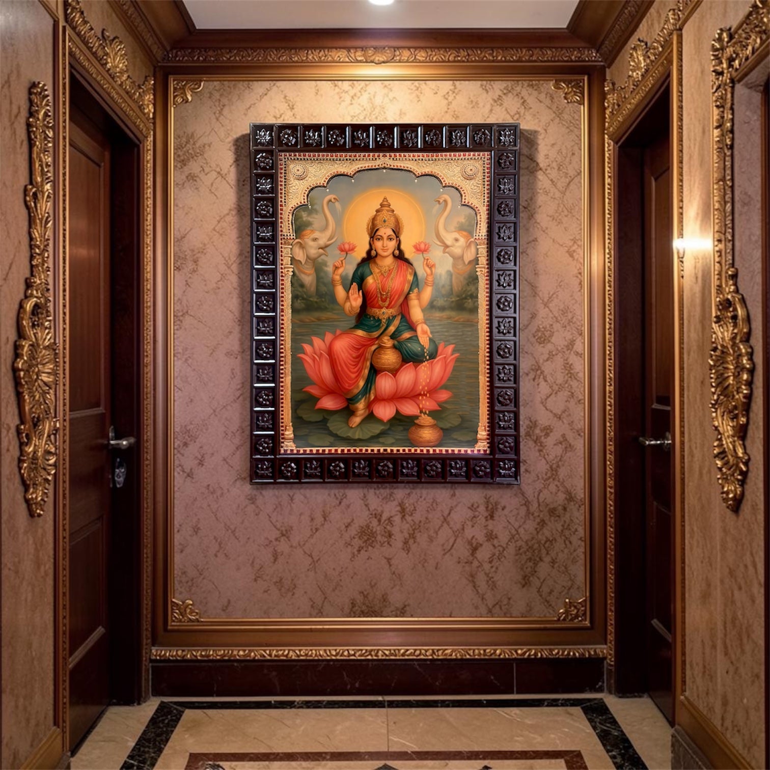 Gaja Lakshmi - 3 gold foiled artwork in wooden frame