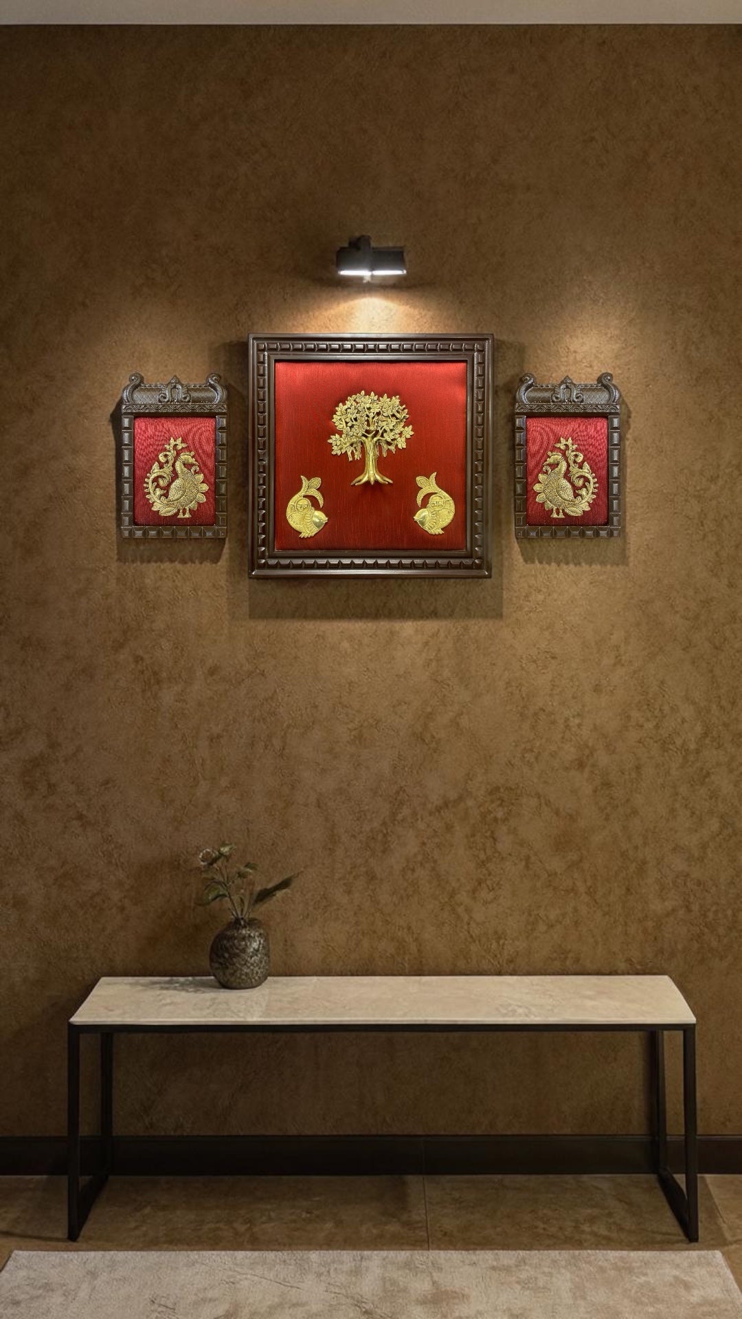 Luxury Brass Kalpavriksha with Peacock Wall Art Set on Red Silk | Premium Wooden Frame Traditional Home Decor.
