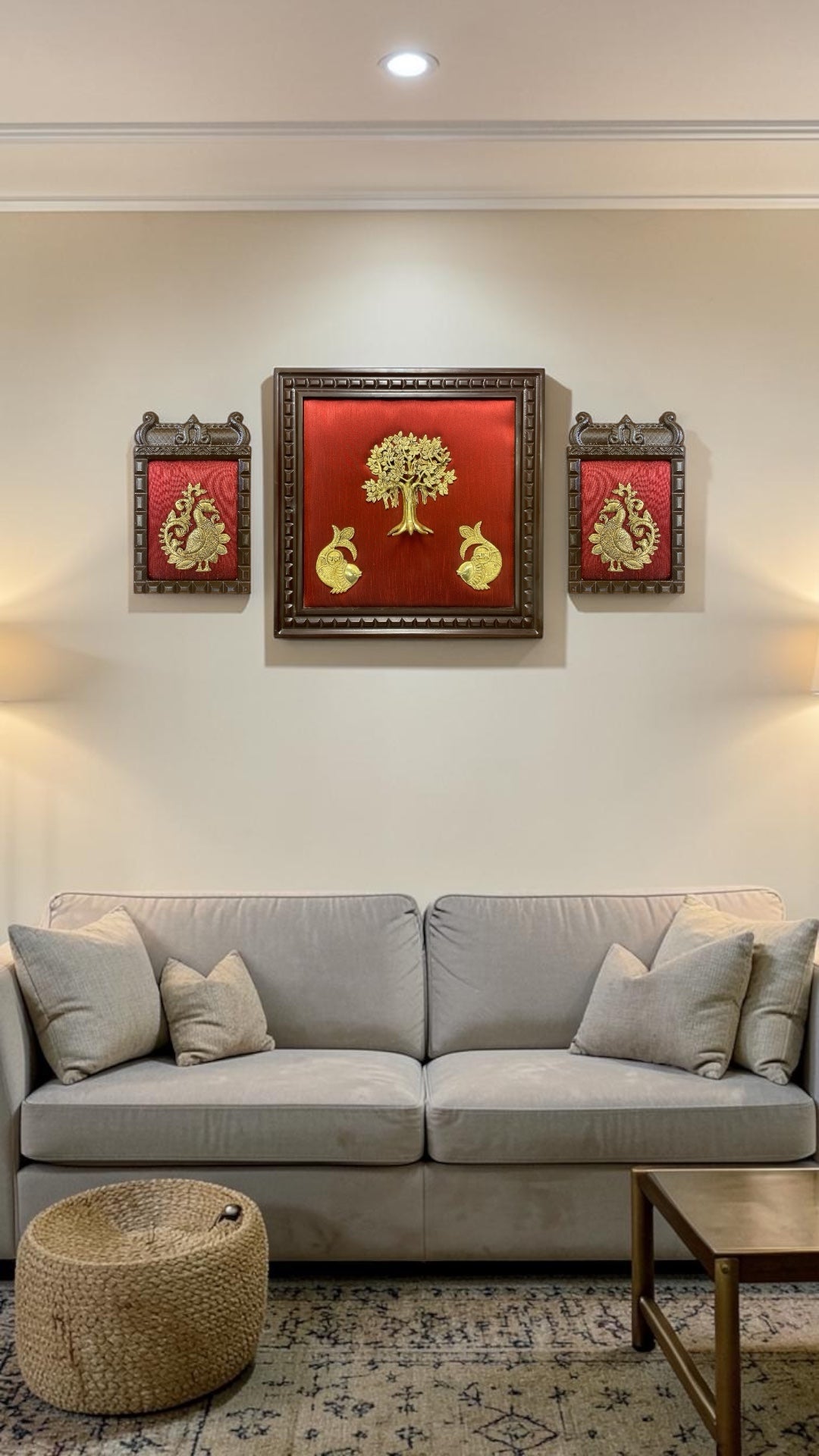 Luxury Brass Kalpavriksha with Peacock Wall Art Set on Red Silk | Premium Wooden Frame Traditional Home Decor.