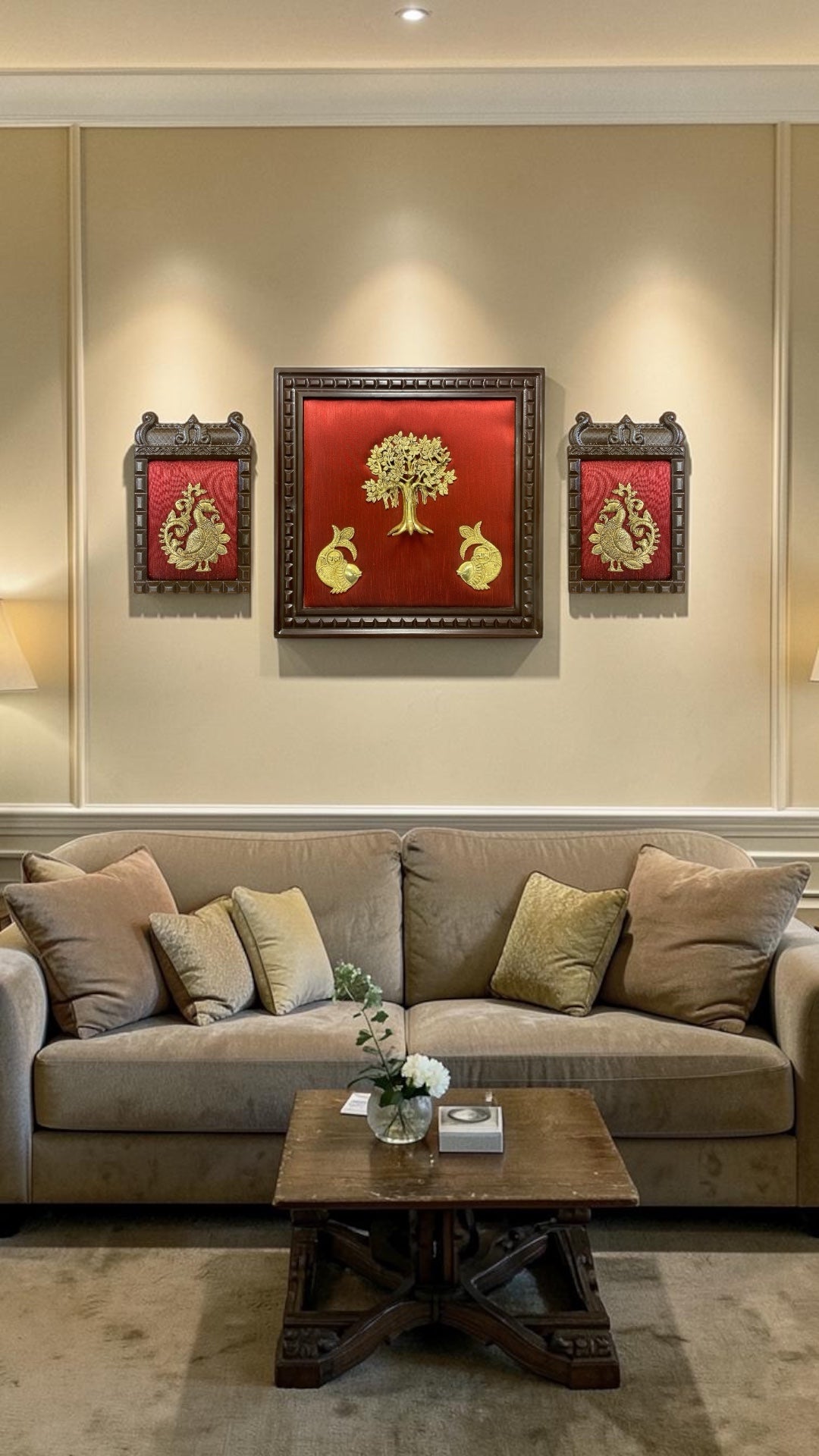 Luxury Brass Kalpavriksha with Peacock Wall Art Set on Red Silk | Premium Wooden Frame Traditional Home Decor.