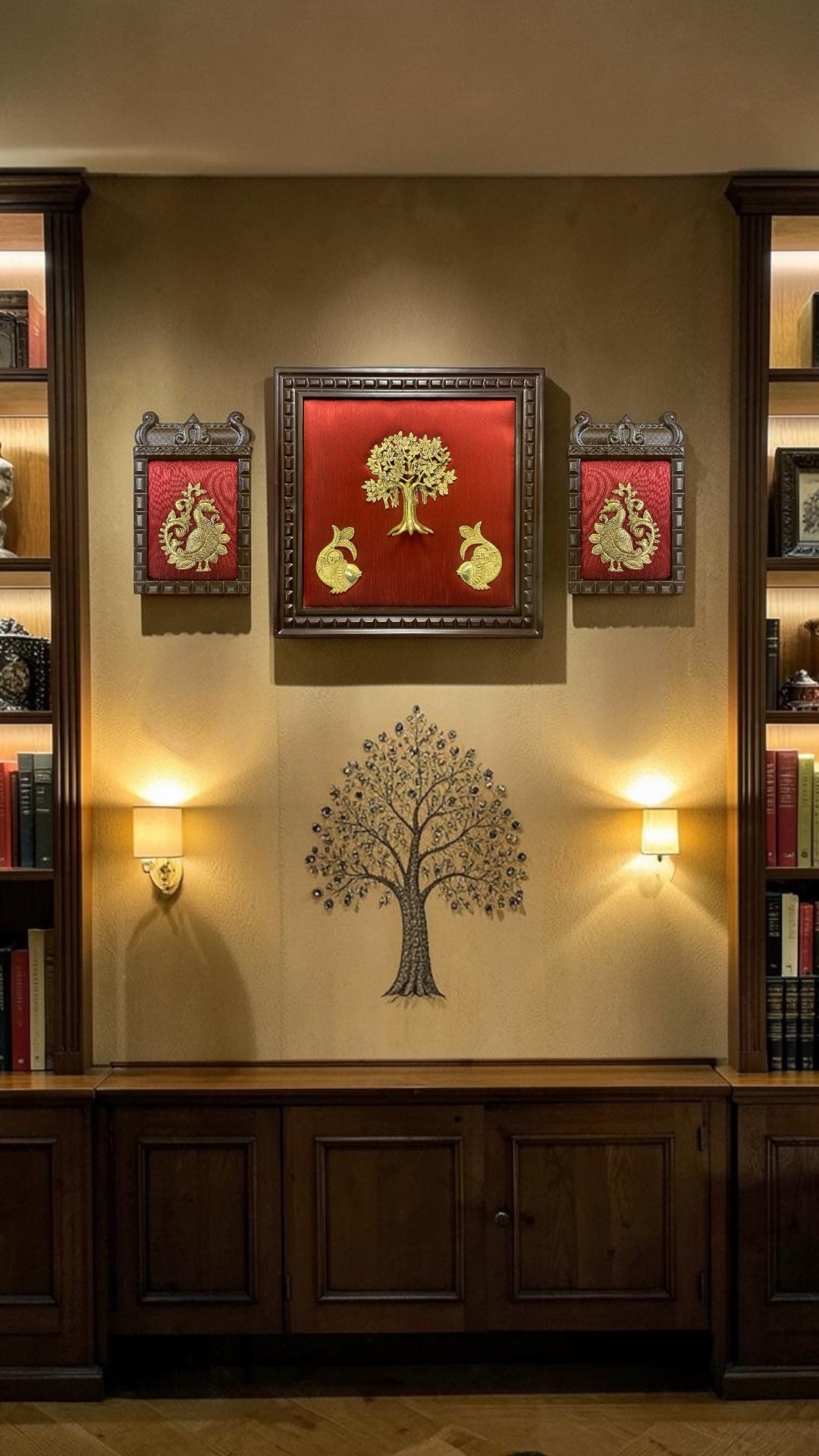 Luxury Brass Kalpavriksha with Peacock Wall Art Set on Red Silk | Premium Wooden Frame Traditional Home Decor.