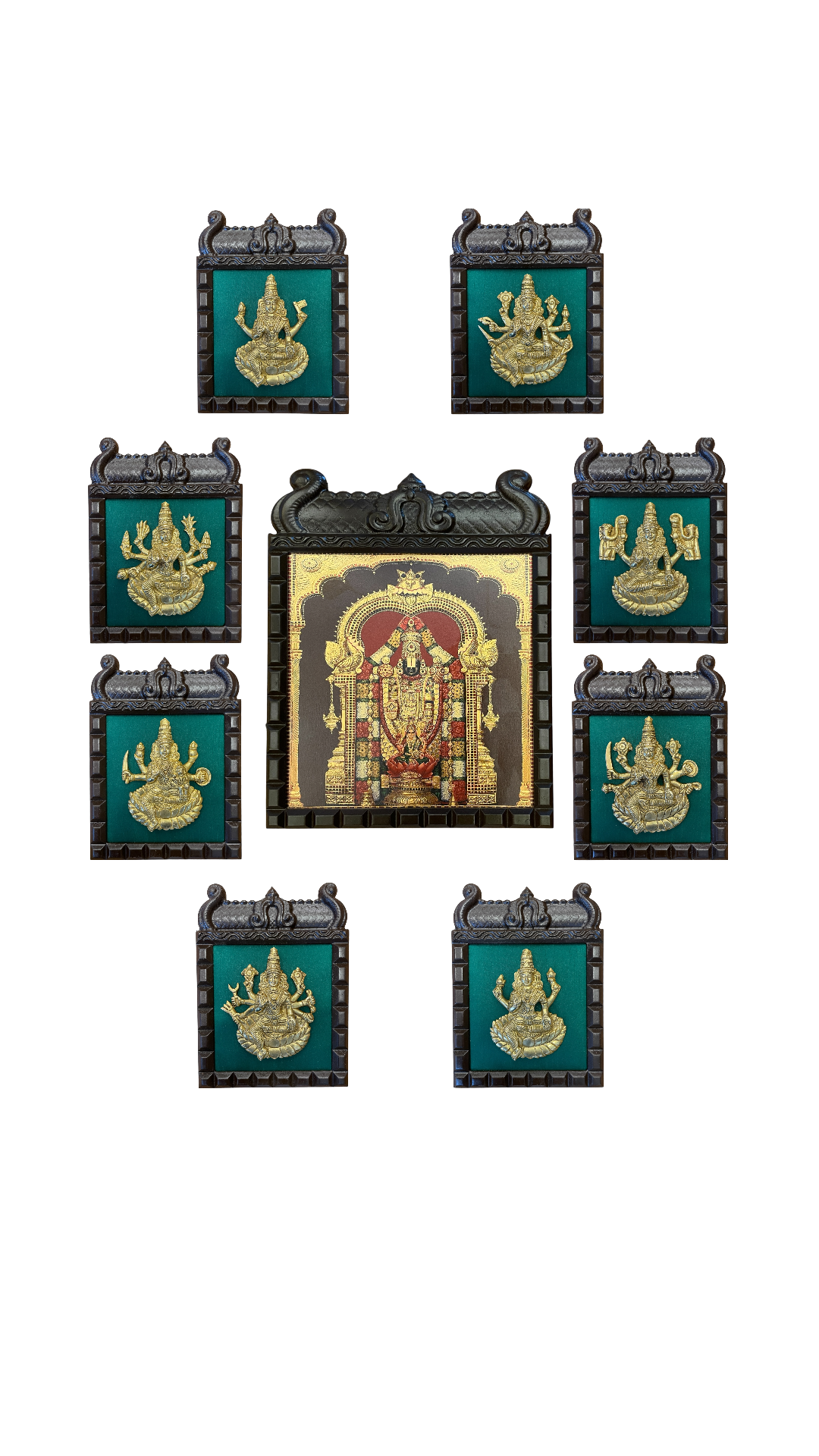 Brass Ashtalakshmi Wall Art with Tirupati Balaji Gold Leaf Frame | Green Silk Backdrop | Premium Wooden Frame Decor.