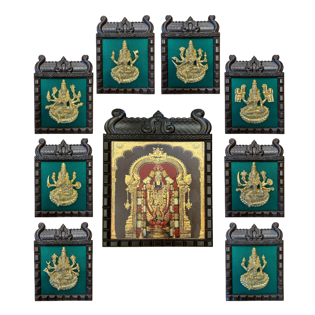 Brass Ashtalakshmi Wall Art with Tirupati Balaji Gold Leaf Frame | Green Silk Backdrop | Premium Wooden Frame Decor.