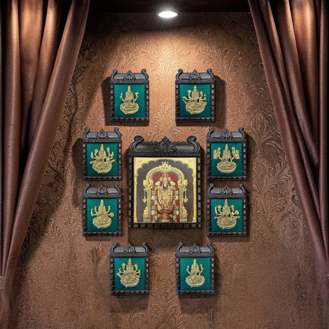 Brass Ashtalakshmi Wall Art with Tirupati Balaji Gold Leaf Frame | Green Silk Backdrop | Premium Wooden Frame Decor.