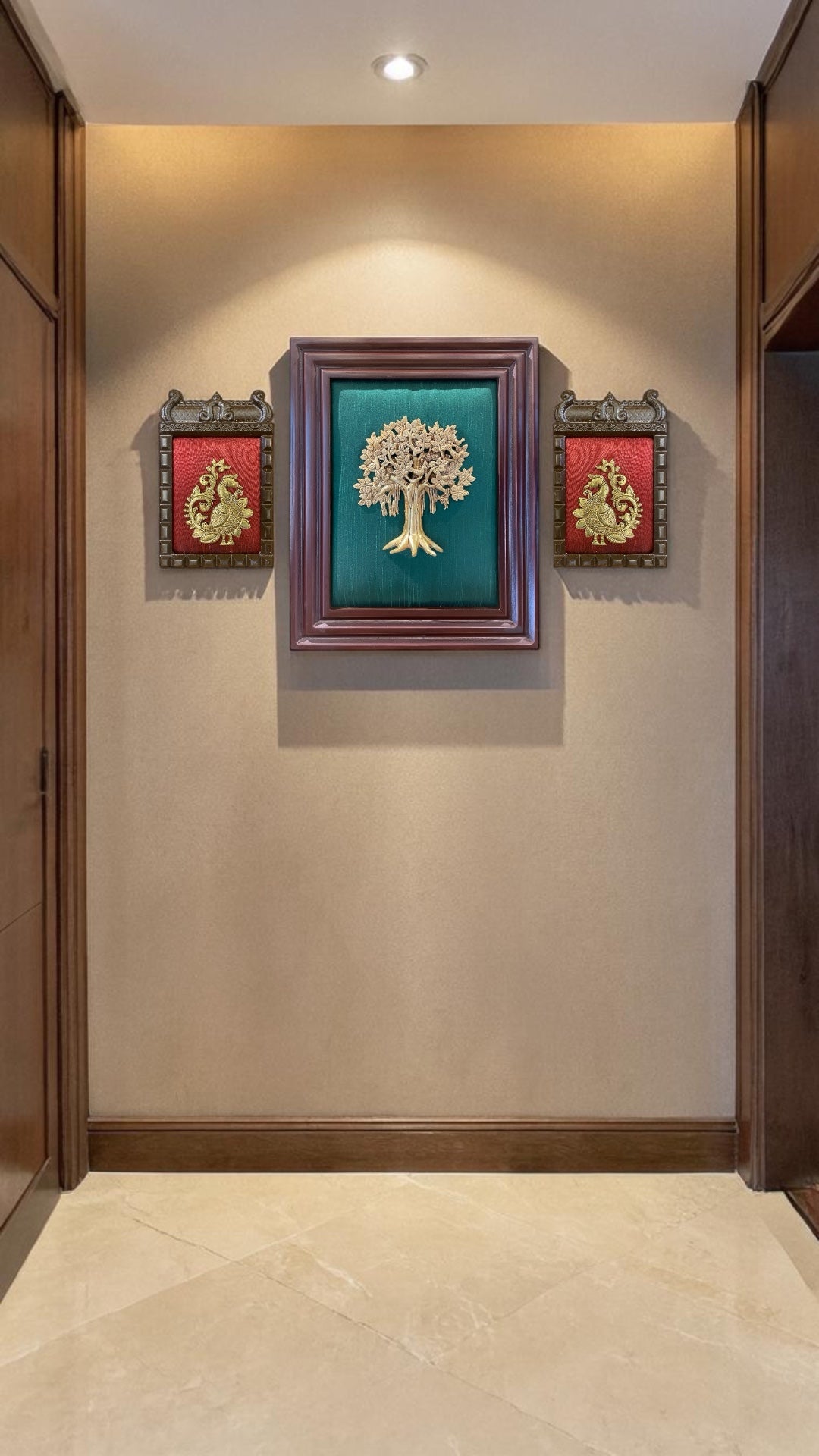 Kalpavriksha Brass Wall Art with Peacock Frames | Luxury Silk Backdrop Wooden Frame Décor for Home & Vastu.