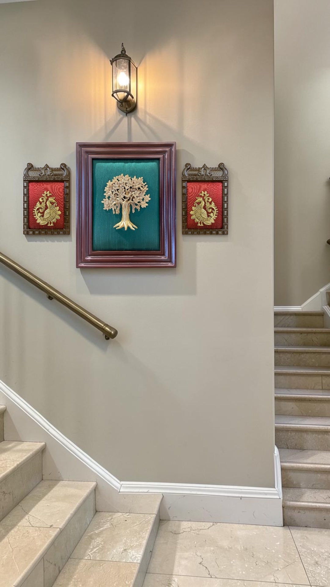 Kalpavriksha Brass Wall Art with Peacock Frames | Luxury Silk Backdrop Wooden Frame Décor for Home & Vastu.