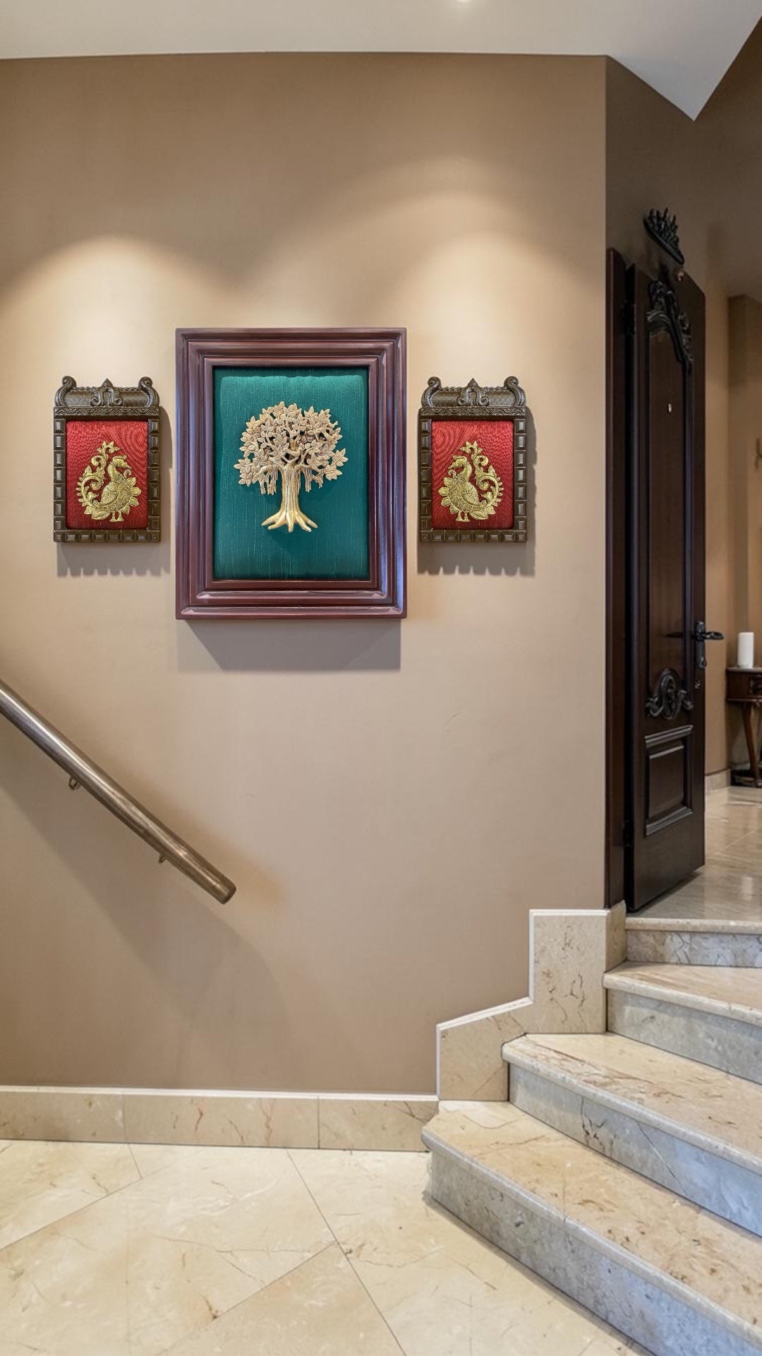 Kalpavriksha Brass Wall Art with Peacock Frames | Luxury Silk Backdrop Wooden Frame Décor for Home & Vastu.