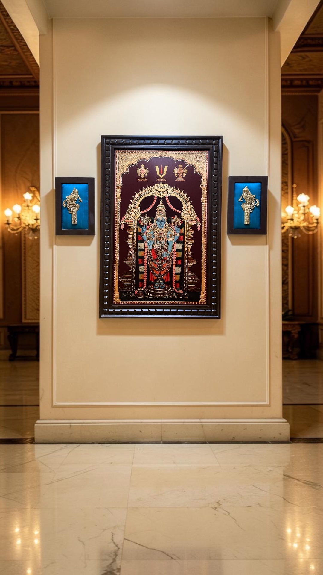 Tirupati Gold Leaf Art with Two Brass Parrot Frame | Luxury Spiritual Wall Decor.