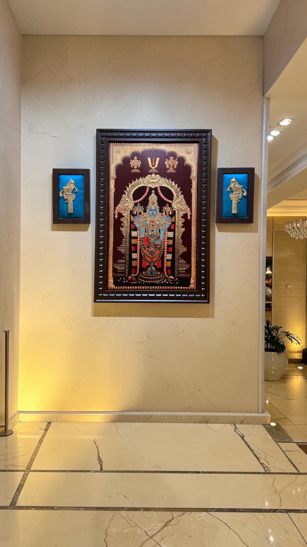 Tirupati Gold Leaf Art with Two Brass Parrot Frame | Luxury Spiritual Wall Decor.