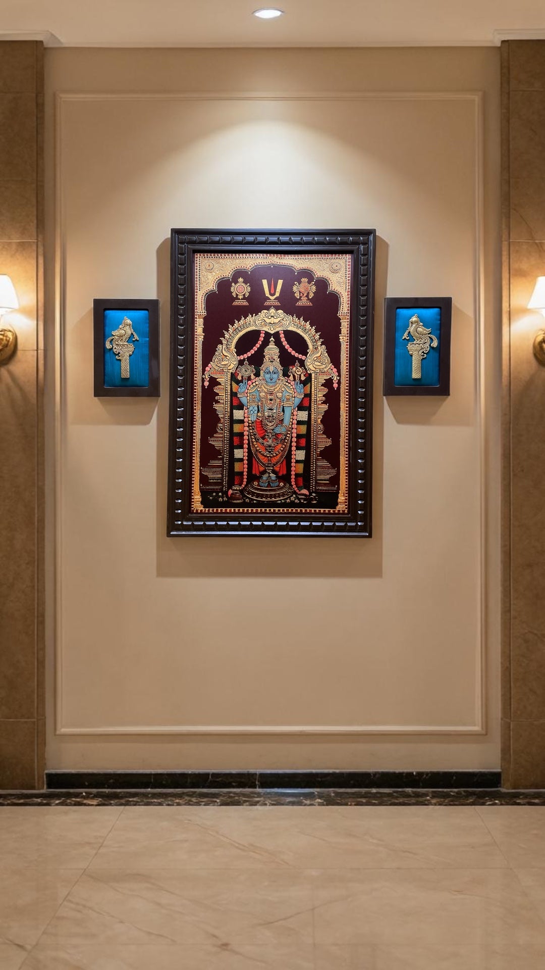 Tirupati Gold Leaf Art with Two Brass Parrot Frame | Luxury Spiritual Wall Decor.