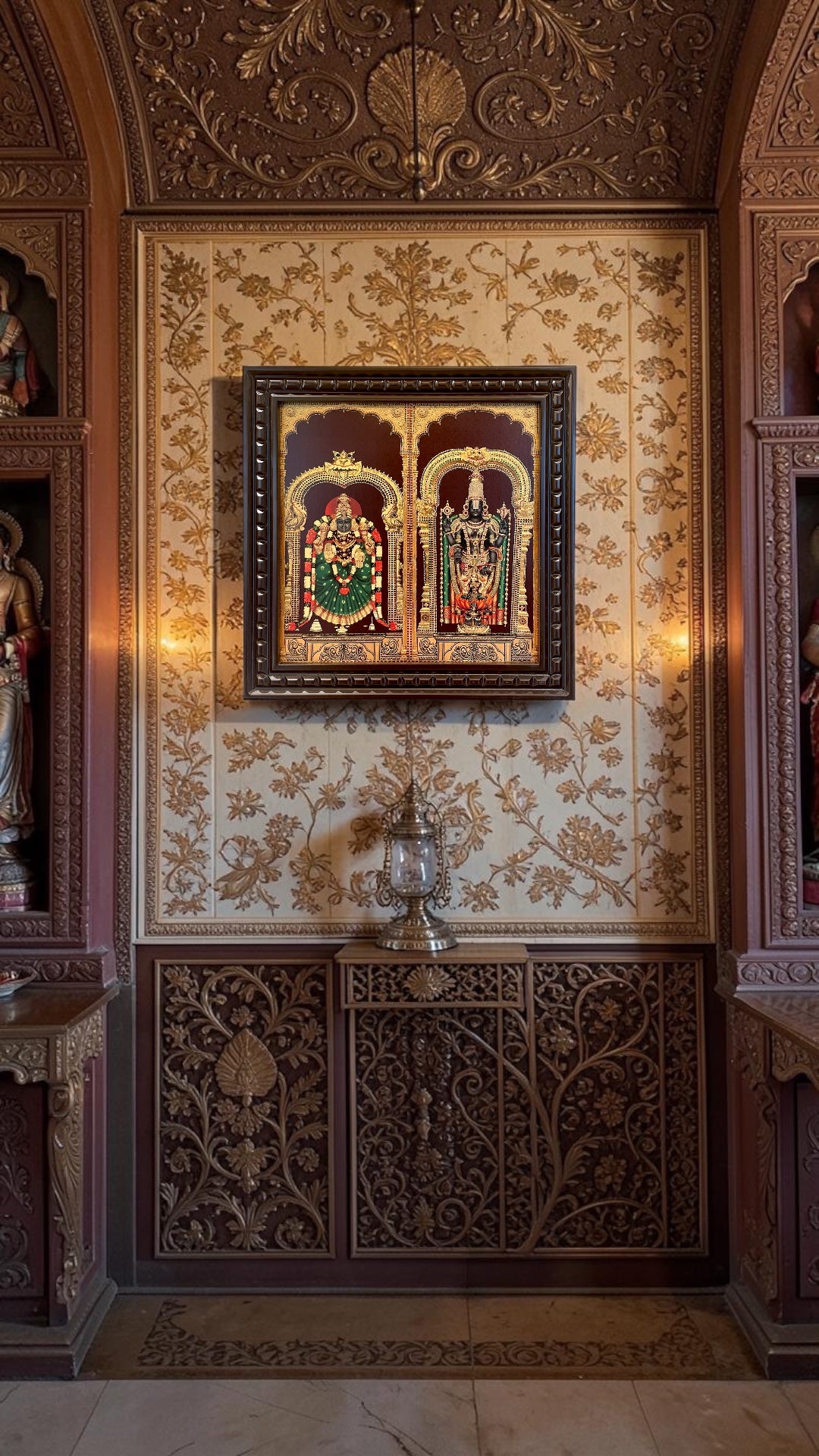 Tirupati Balaji with Padmavati Gold Leaf Art Frame | Premium Wooden Temple Wall Decor | Luxury Spiritual Artwork.