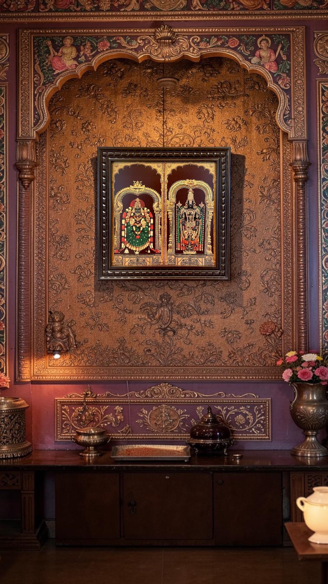 Tirupati Balaji with Padmavati Gold Leaf Art Frame | Premium Wooden Temple Wall Decor | Luxury Spiritual Artwork.