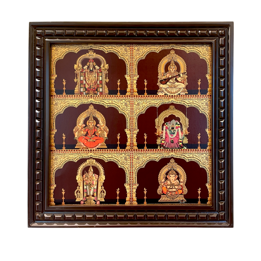 6 God Gold Leaf Art Frame | Luxury Multi Deity Wall Decor