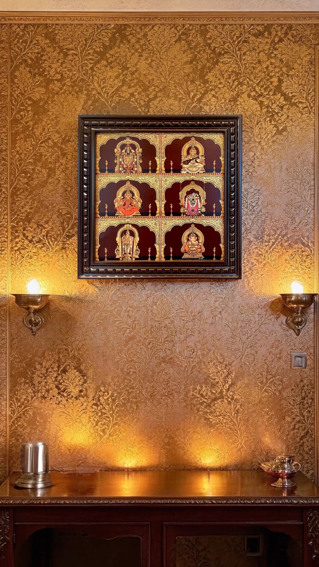 6 God Gold Leaf Art Frame | Luxury Multi Deity Wall Decor